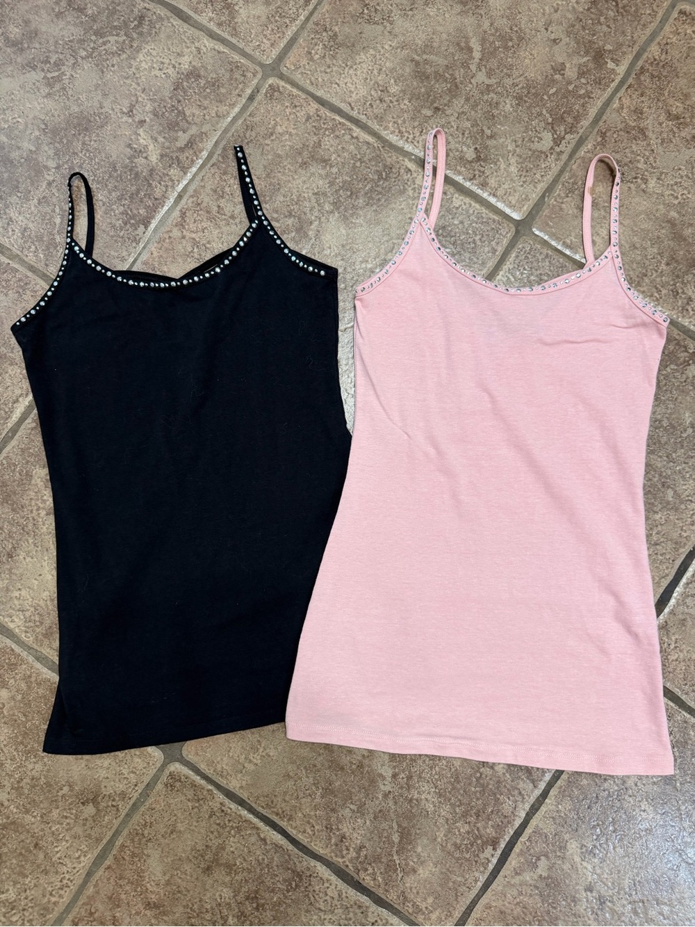 Rhinestone-Trim Spaghetti Strap Cami in Black and Light Pink